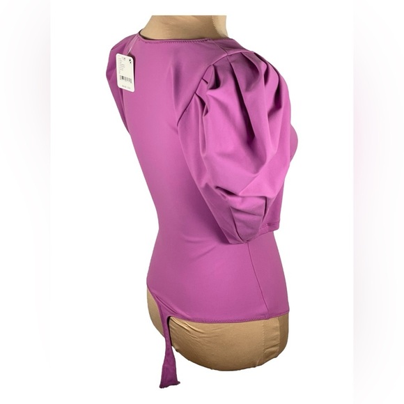 Free People Knit Deep V-Neck Short Ruched Puffed Sleeve Bodysuit Small - Picture 4 of 11